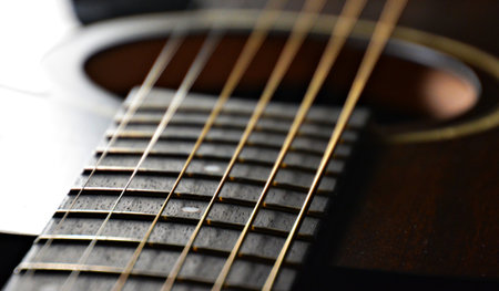 Acoustic guitar close-up, shallow depth of field, selective focus