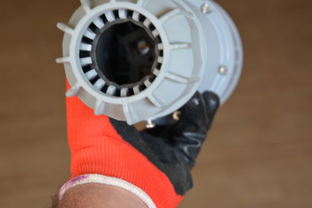 Blue plastic professional power connector. High voltage power electric cable. Industrial power plug socket with cable. High quality photoの写真素材