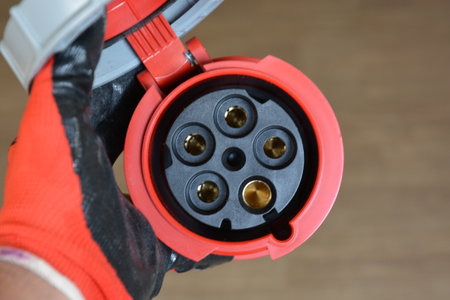 Blue plastic professional power connector. High voltage power electric cable. Industrial power plug...