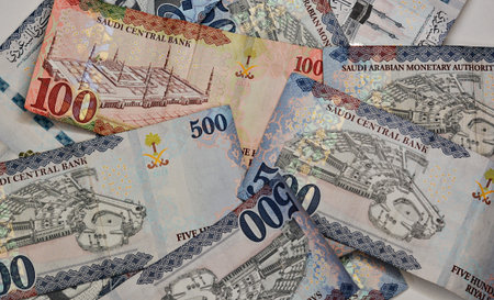 Saudi Arabia riyals money banknotes collection of different times and values feature portraits of Al...