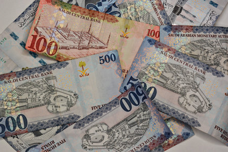 Saudi Arabia riyals money banknotes collection of different times and values feature portraits of Al...