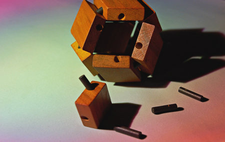 Logical puzzle game wooden cube puzzle in collected form on a yellow background with copy space....