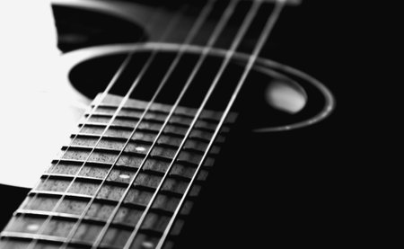 Guitar Strings, close up. Acoustic guitar. Black and white photography.
