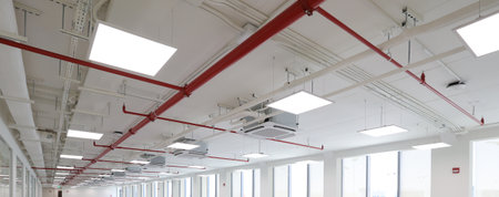 Detailed view of an industrial-style ceiling filled with pipes, lights, and electrical wiring. The...