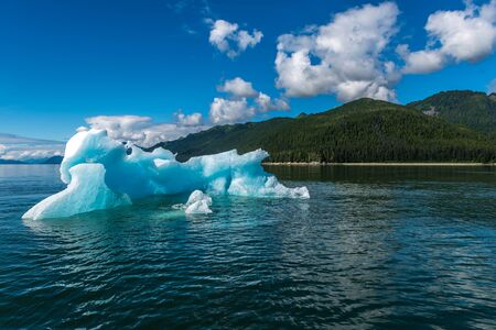 A jagged iceberg floats in the calm waters of the Tracy Arm Fjord in Alaska