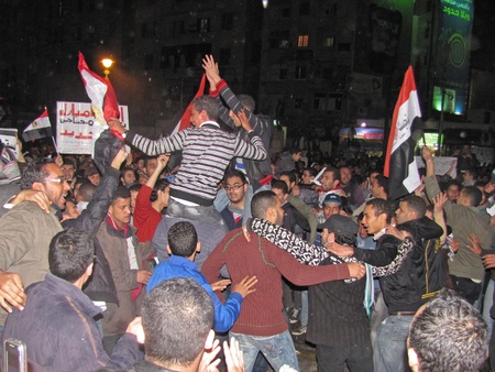 Alexandria, Egypt - February 11, 2011 - Demonstrators celebrating stepping down of President Mubarakのeditorial素材
