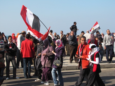 Alexandria, Egypt - February 18, 2011 - Demonstrators celebrating the resignation of President Mubarakのeditorial素材