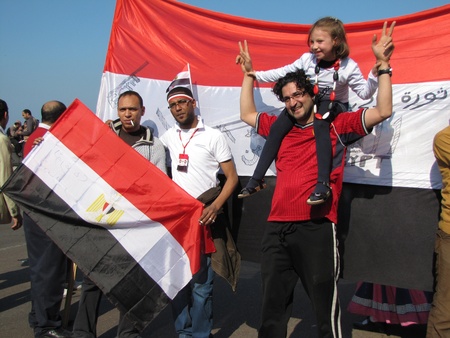Alexandria, Egypt - February 18, 2011 - Demonstrators celebrating the resignation of President Mubarakのeditorial素材