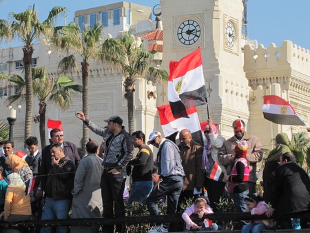 Alexandria, Egypt - February 18, 2011 - Demonstrators celebrating the resignation of President Mubarakのeditorial素材