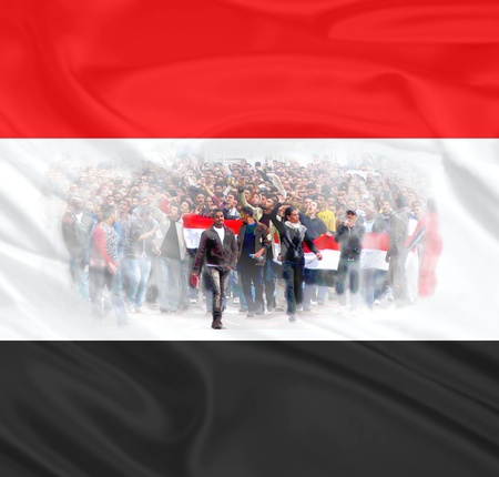 Collage of Egyptian demonstrators on a background of Egyptian flagのeditorial素材