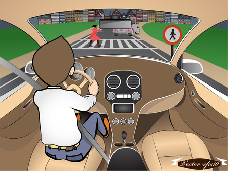girl crossing the road when driving car in the cityのイラスト素材