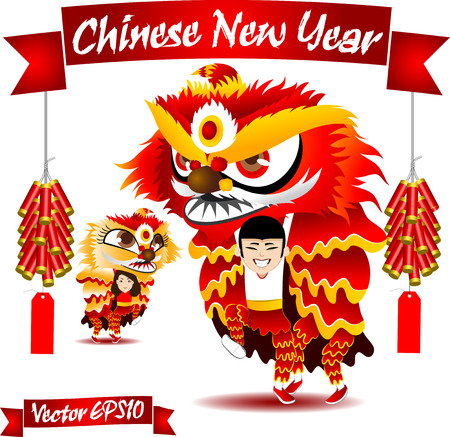 male and female lion dance Chinese new yearのイラスト素材