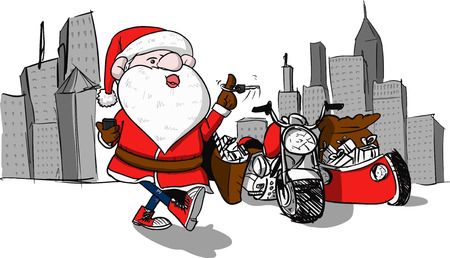cartoon of santa claus and his bike in the cityのイラスト素材