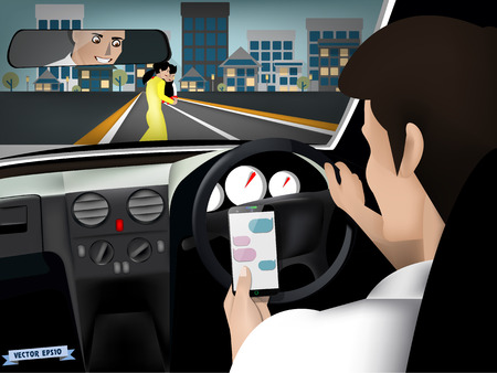 transportation and vehicle concept - man using smart phone while driving the car when woman and her son are crossing the roadのイラスト素材
