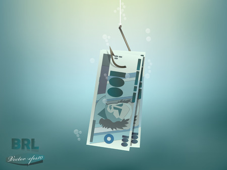Money concept illustration, brasilian reals money paper on fish hookのイラスト素材