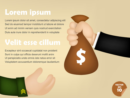 infographic of business man giving money bag to military man, corruption conceptのイラスト素材