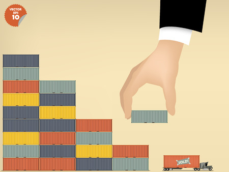 vector illustration of logistics concept design, loading cargo containers to cargo truck by business man handのイラスト素材