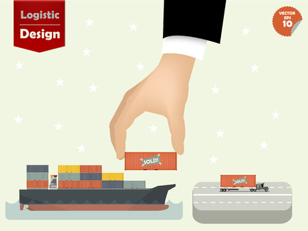 vector illustration of logistics concept design, loading containers from sea cargo ship to cargo truck by business man handのイラスト素材