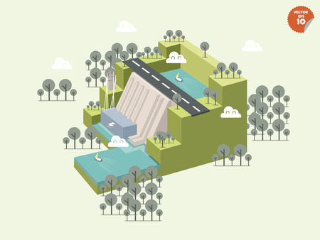 design of renewable energy sourcehydropowerdam and generator unit and transmission line that designed in cubic formのイラスト素材