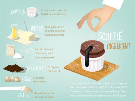 sweet colorful info-graphic  design of souffle cake ingredient that consist of butter,sugar,dark chocolate,eggs and salt,dessert design conceptのイラスト素材