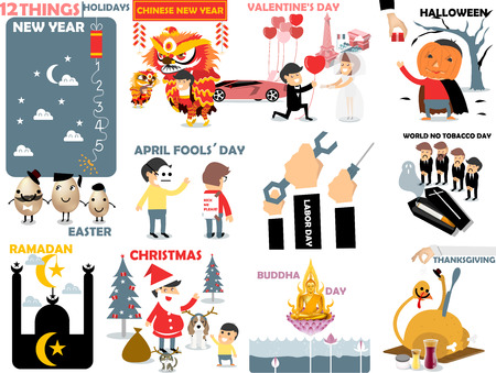 beautiful graphic of 12 international holidays: new year,chinese new year,valentine's day,halloween,easter,april fools' day,labor,world no tobacco,ramadan,christmas,buddha day,thanksgivingのイラスト素材