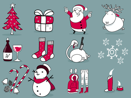 beautiful illustration graphic design of christmas,12 things of christmas; christmas tree,gift box,santa claus,reindeer,wine,stocking stuffers,turkey,winter,decoration,snow man,candle,snow suitのイラスト素材