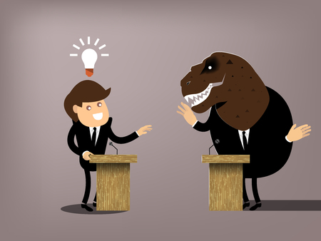 beautiful conceptual graphic design of debate,the man dress suit who got the good idea debating with dinosaur,comparison between progressive and conservativeのイラスト素材