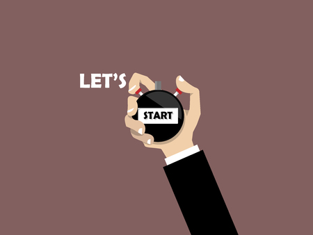businessman hand holding stopwatch with text let's startのイラスト素材