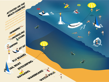 beautiful isometric graphic design of summer activities on the beach such as swimming, jet ski, kayak, sailboat, flyboard, kitesurfing, wakeboard and diving,design concept of summerのイラスト素材