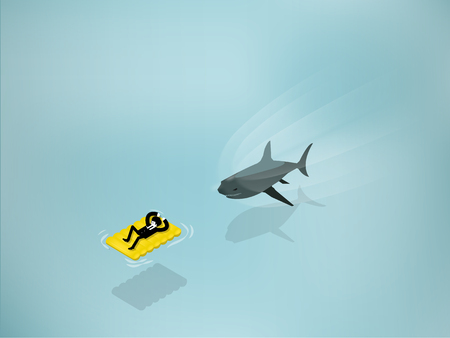 isometric illustration of Shark Attack business man laying on yellow float from the ocean water. Business shark risk and hidden power concept.のイラスト素材