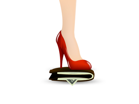 beautiful illustration design of woman leg in red high heel shoe step on men wallet, woman sexual graphic design conceptのイラスト素材