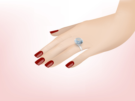 beautiful illustration vector design of close up of hand of woman showing the ring with beautiful diamond. graphic design concept of engagedのイラスト素材