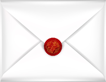 beautiful realistic illustration vector white envelope, white envelope isolated with gold chinese dragon sign red seal on a background, realistic mockupのイラスト素材