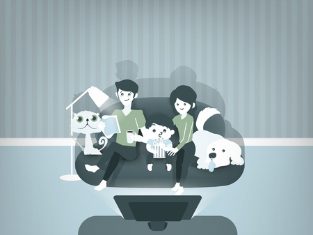 beautiful graphic design illustration of family watching movies together,mom,dad,child and pets sitting on against the TV in the home atmosphere, family illustration conceptのイラスト素材