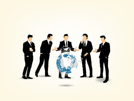 beautiful graphic illustration design vector of smart business man standing behind the digital earth.のイラスト素材