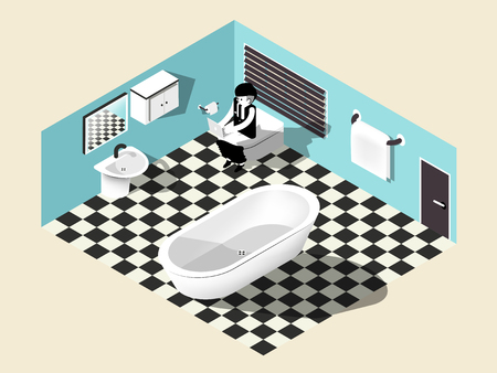 Isometric illustration vector of man sitting on flush toilet in rest roomのイラスト素材