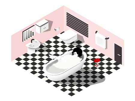 Isometric illustration vector of woman take a bath in rest room. isometric interior toilet design conceptのイラスト素材