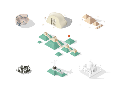 illustration vector isometric design concept of 7 Wonders of the World: Colosseum, Great Wall, Petra, Taj Mahal, Cristo Redentor, Great Pyramid of Giza, stonehengeのイラスト素材