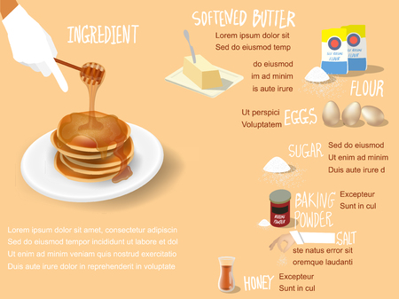 info graphic illustration vector of sweet colorful info-graphic beautiful design of pancakes with honey syrup ingredient recipe, info graphic pancakes dessert design conceptのイラスト素材