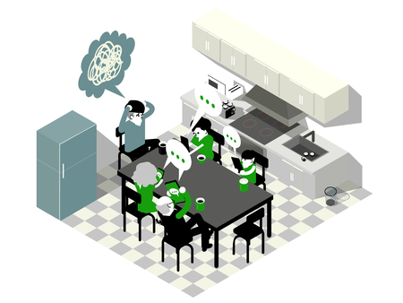 isometric illustration vector graphic design of  family using smartphone on dining table during dinner, smartphone addiction isometric graphic design conceptのイラスト素材