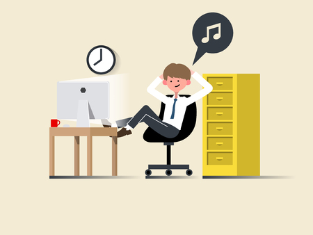 illustration vector of happy young business man work and relax in modern office on computer in flat design concept, business man in office flat style design conceptのイラスト素材