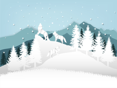 background illustration vector of wolf howling in forest with snow in the winter season and christmas tree, vector paper art style of winter and chirstmas season design conceptのイラスト素材
