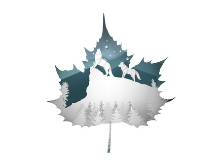 illustration vector of wolf howling in forest with snow in the winter season and christmas tree, vector paper art style of winter and chirstmas season design conceptのイラスト素材