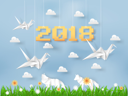 illustration vector of new year summer season bird origami flying in the field of grasses and flowers, paper art and craft styleのイラスト素材
