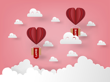 Illustration vector design concept of love and valentine's day, origami heart vector hot air balloon flying on the sky, paper art style.のイラスト素材