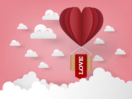 Illustration vector design concept of love and valentine's day, origami heart vector hot air balloon flying on the sky, paper art style.のイラスト素材