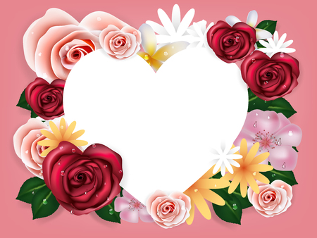 illustration vector realistic of beautiful rose flowers background with copy space in heart form.のイラスト素材