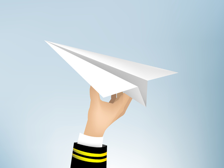 realistic illustration vector of pilot hand holding origami paper air plane in the sky, jet commercial airplane origami paper on blue sky background, airline concept travel planesのイラスト素材