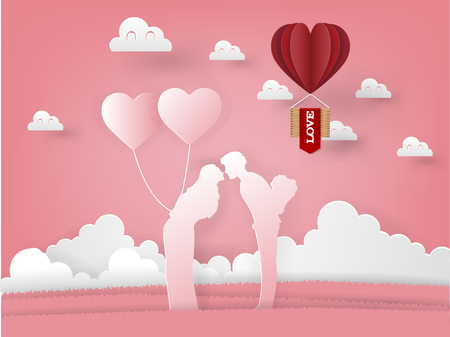 Illustration vector of paper art origami couple is kissing with roses and balloon on pink background, graphic design concept of valentine's dayのイラスト素材