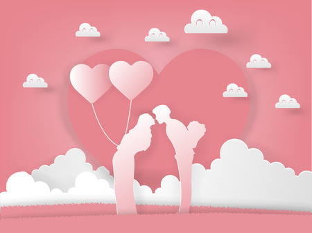 Illustration vector of paper art origami couple is kissing with roses and balloon on pink background, graphic design concept of valentine's dayのイラスト素材